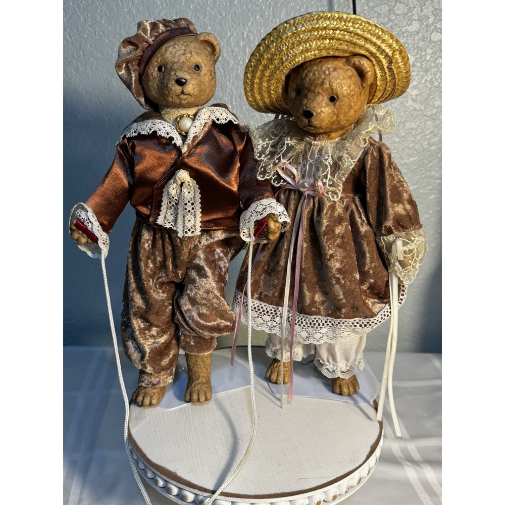 ANCO Vintage Wind Up Musical Bears on Stands Victorian Dress
